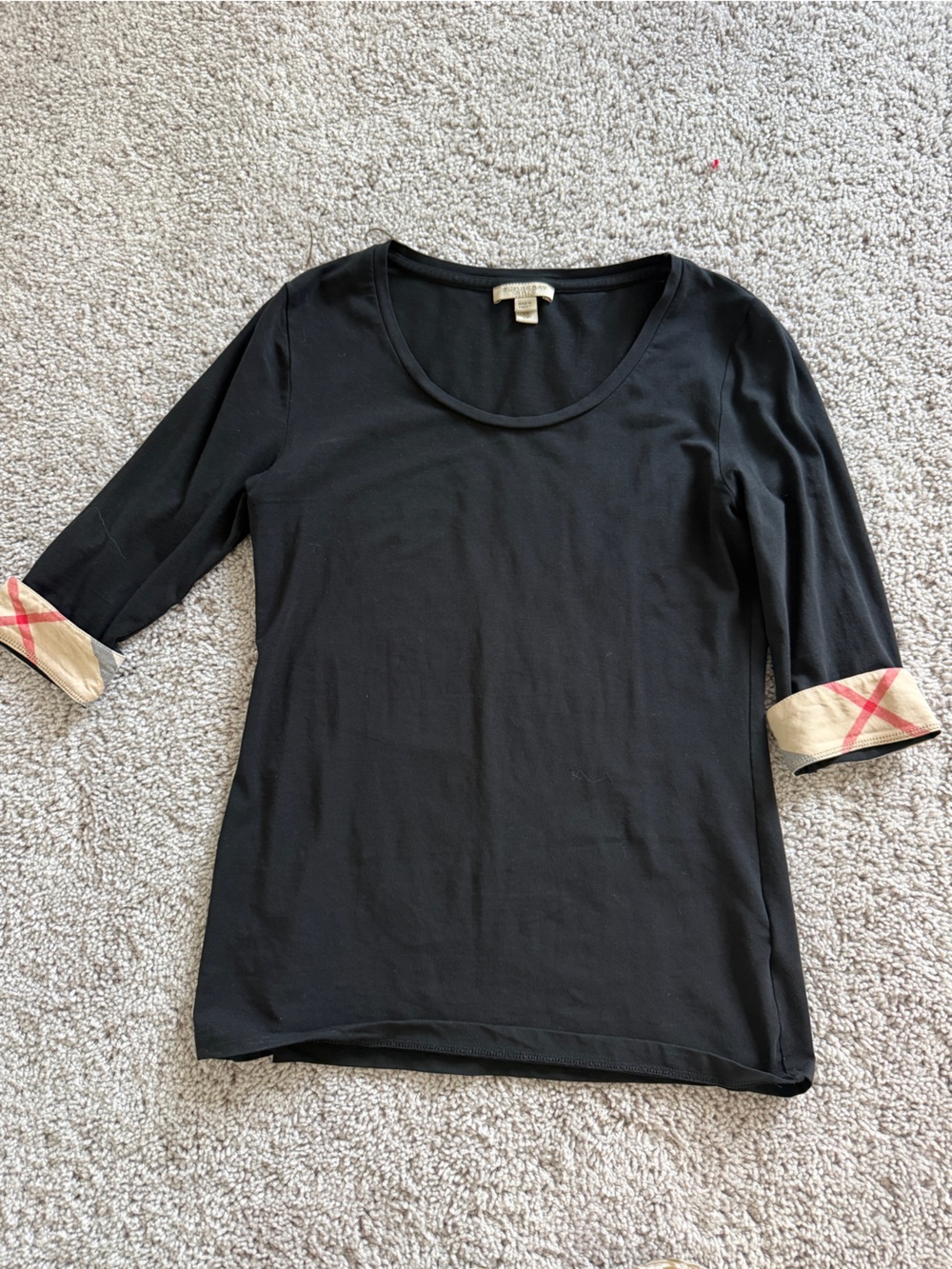 Burberry Black Scoop Neck Top with Signature Check Cuffs